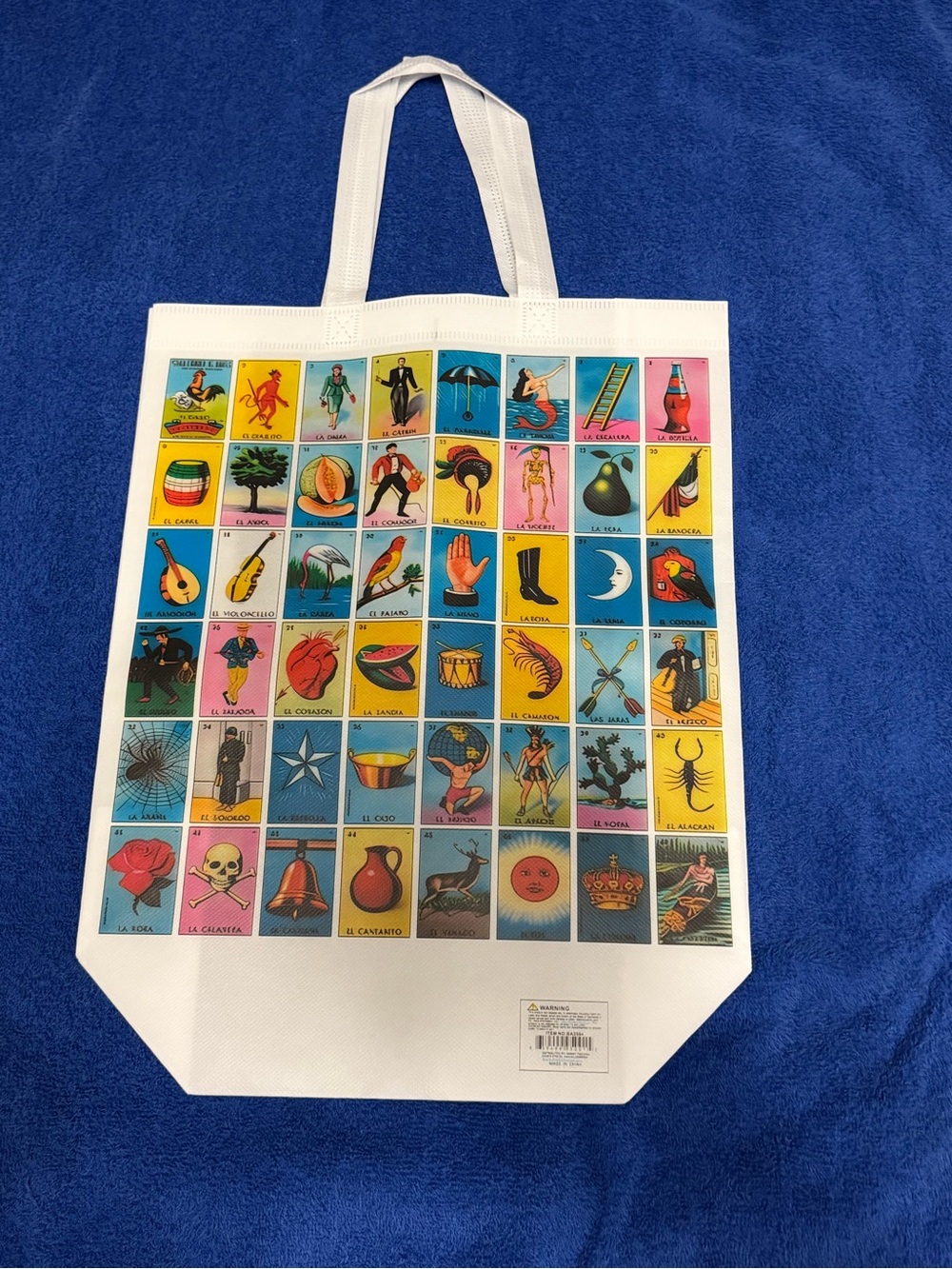White Canvas Tote with Colorful Lotería Grid Print